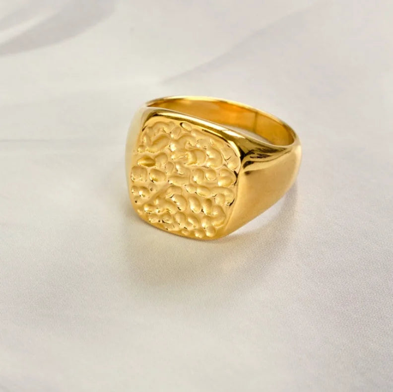 Stainless steel 18K gold plated ring featuring a celestial-inspired Meteor Sky Moon Surface Crater design, showcasing a perfect fusion of durability and opulence for a uniquely elegant accessory