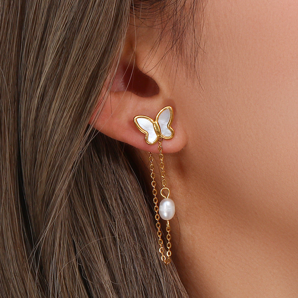 Chic and elegant Butterfly Tassel Earrings featuring Freshwater Pearl and 18K Gold Plating – a perfect blend of modern style and timeless sophistication for women.