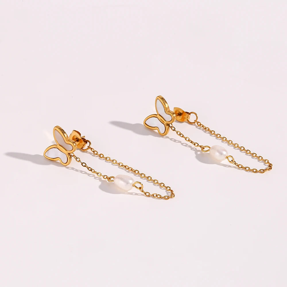 Chic and elegant Butterfly Tassel Earrings featuring Freshwater Pearl and 18K Gold Plating – a perfect blend of modern style and timeless sophistication for women.