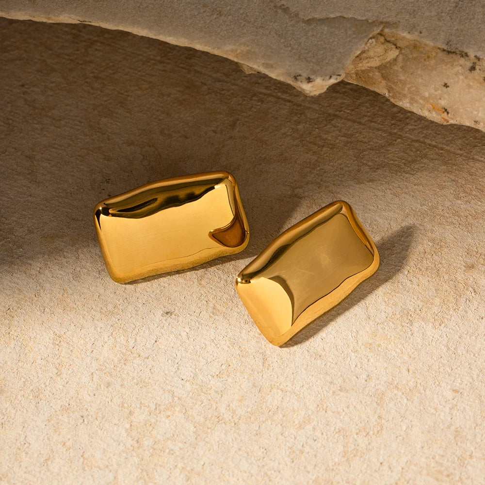 Stylish stainless steel gold-plated rectangular earrings with a minimalist design and waterproof feature.