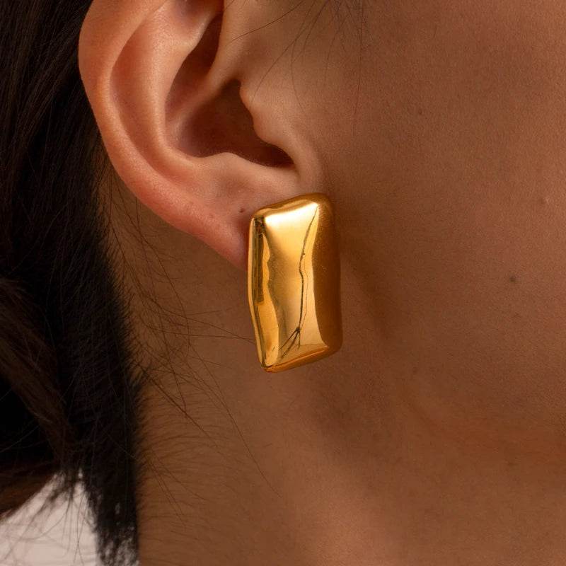 Stylish stainless steel gold-plated rectangular earrings with a minimalist design and waterproof feature.