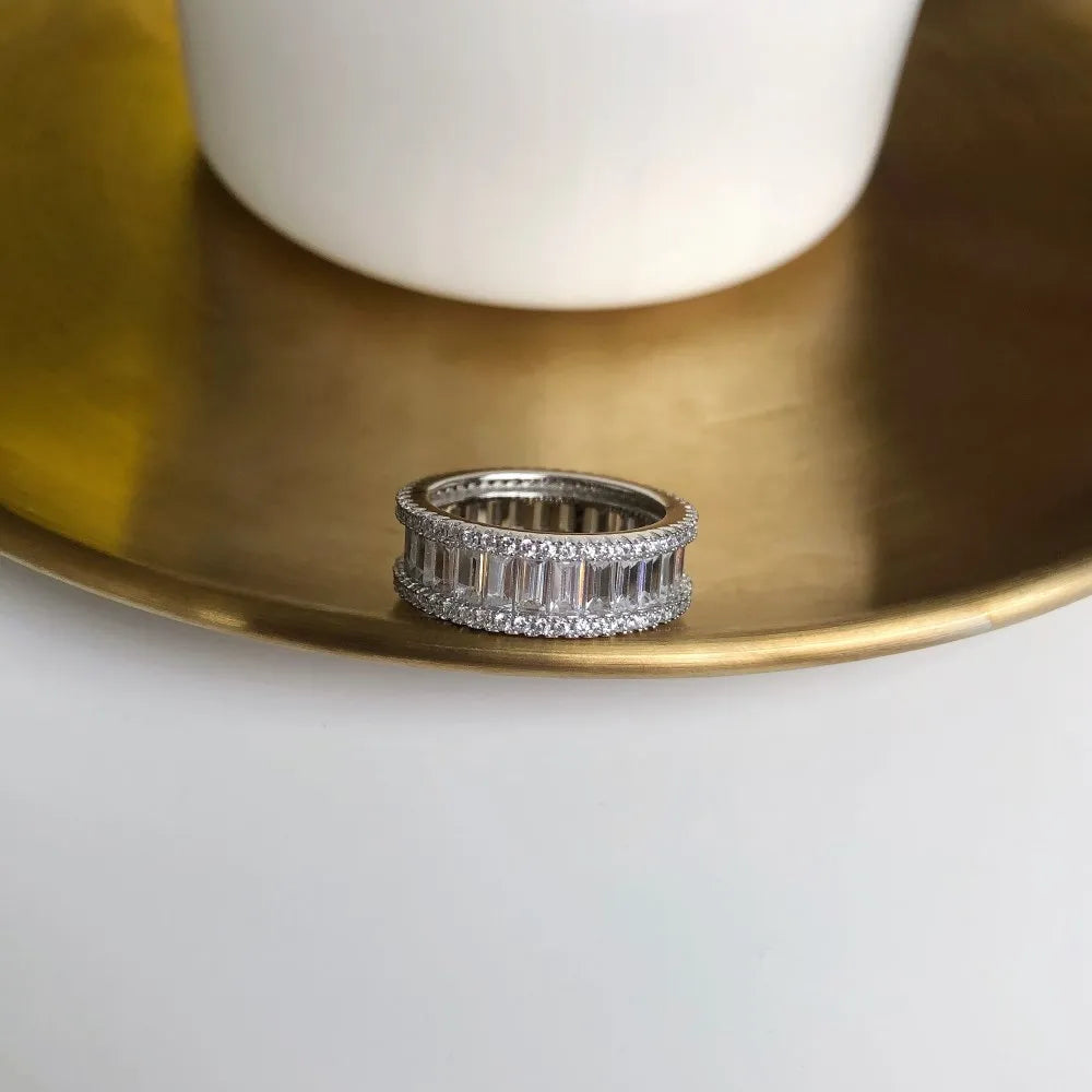 Close-up view of the exquisite S925 Silver Baguette Eternity Ring, rhodium-plated for lasting brilliance and timeless elegance.