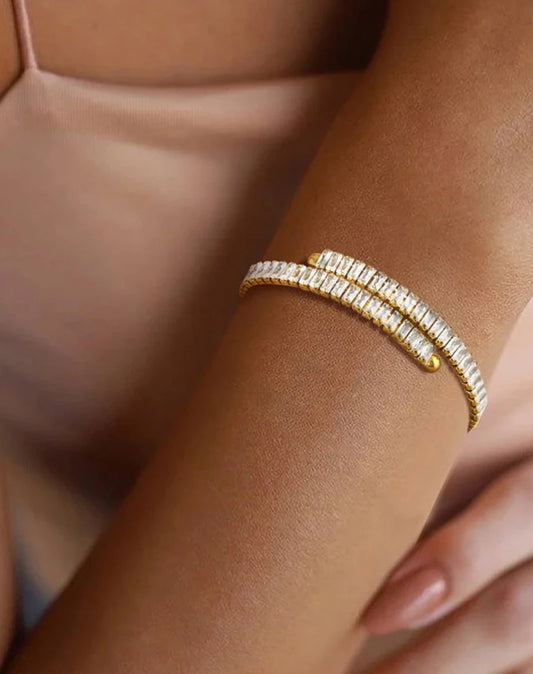 Shiny Crystal Open Bangles: Gold-color stainless steel bands adorned with sparkling crystals, a perfect blend of elegance and spirituality for every occasion.