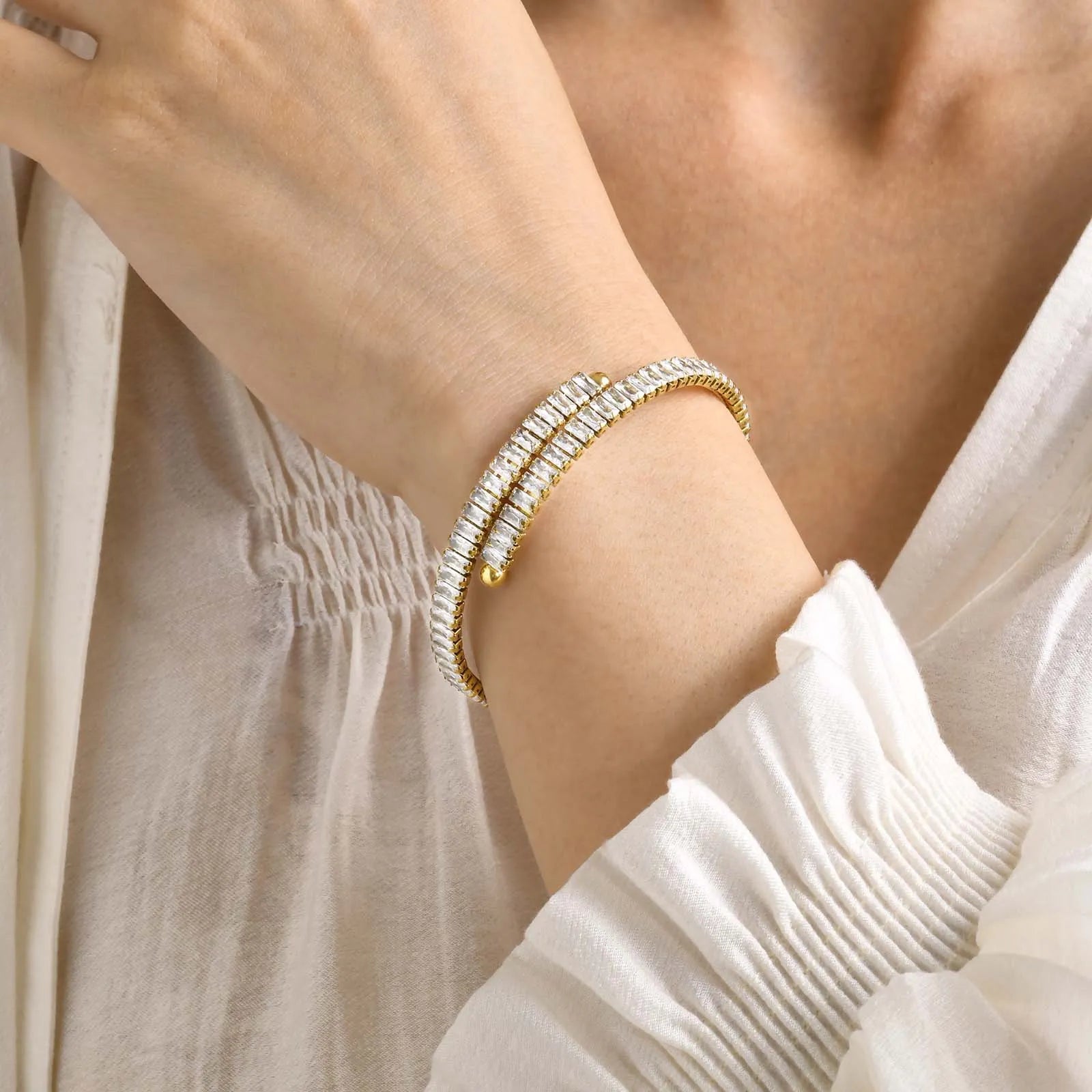 Shiny Crystal Open Bangles: Gold-color stainless steel bands adorned with sparkling crystals, a perfect blend of elegance and spirituality for every occasion.