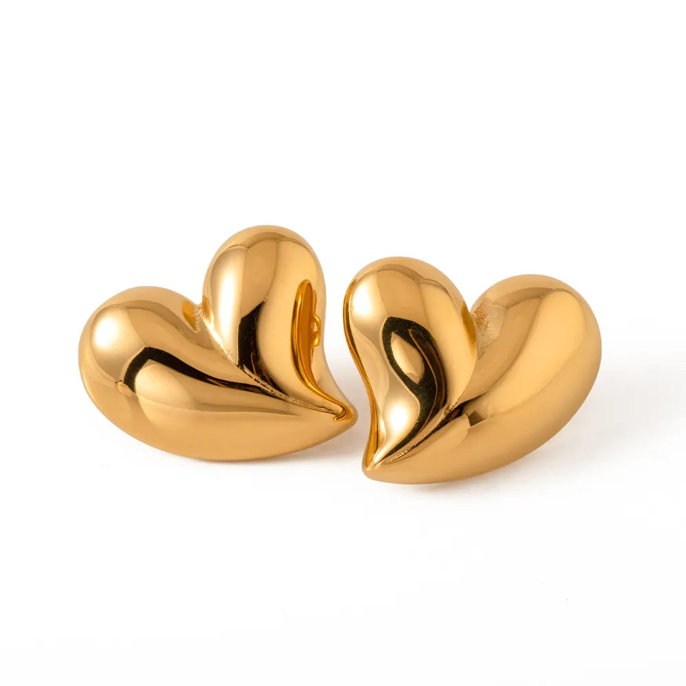 Shiny metallic love heart stud earrings with pleated 18K gold-plated stainless steel design.