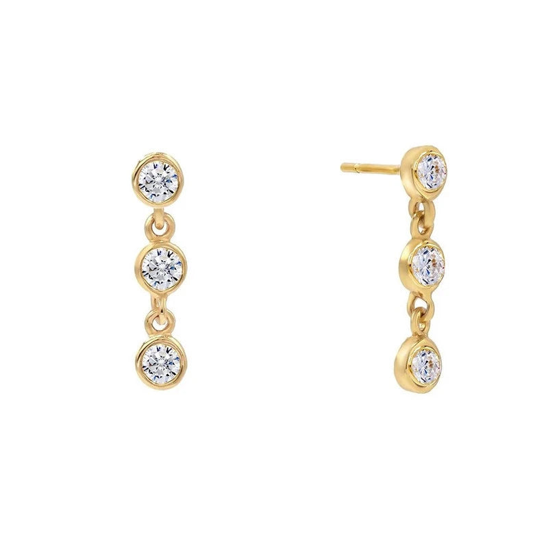 Sterling silver dangle earrings with 18K gold plating and CZ three-diamond design, a radiant and sophisticated accessory for timeless elegance.