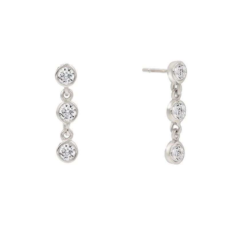 Sterling silver dangle earrings with 18K gold plating and CZ three-diamond design, a radiant and sophisticated accessory for timeless elegance.