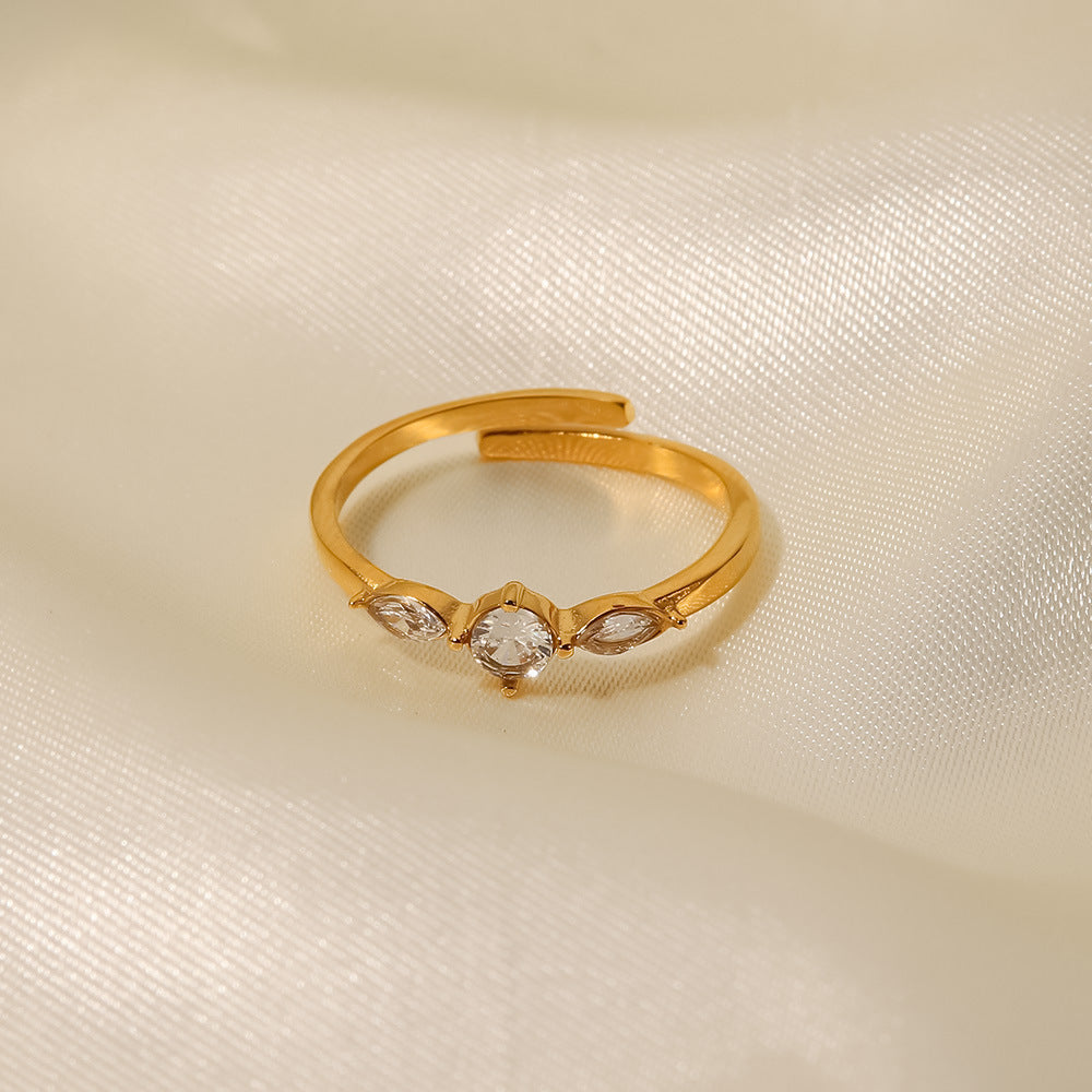 Captivating 18K Gold Plated White Diamond Zircon Ring with Open Design in Stainless Steel – a blend of timeless elegance and modern allure.