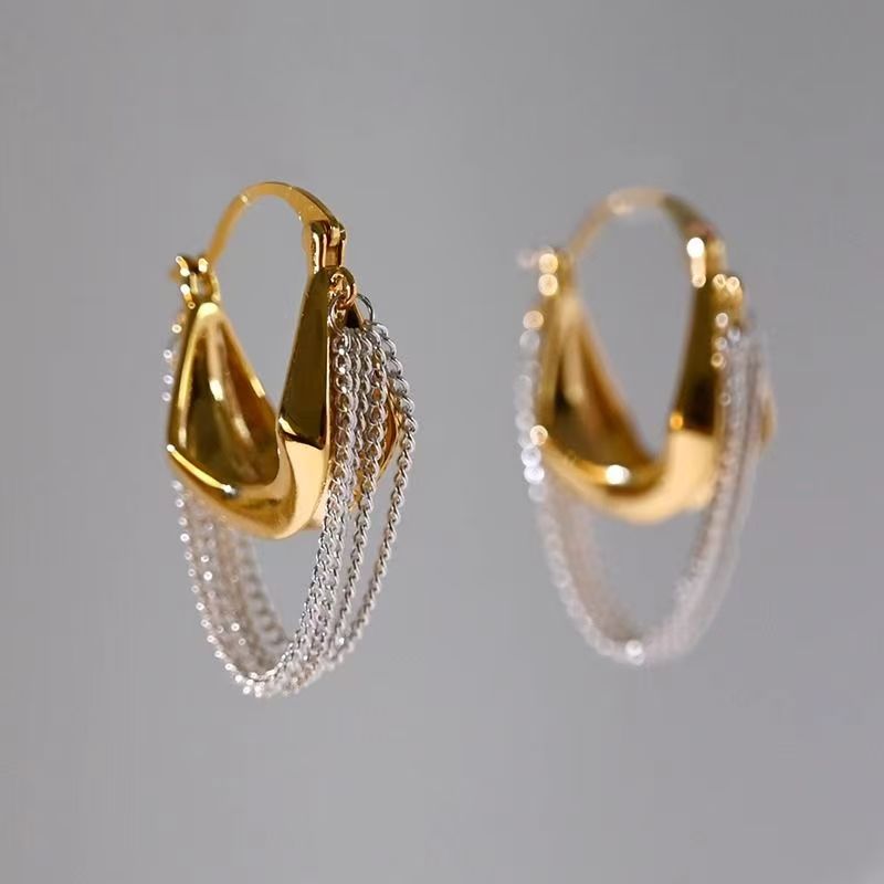 The Cannes Earrings two tone chain tassel huggie earrings Purajoia view 3