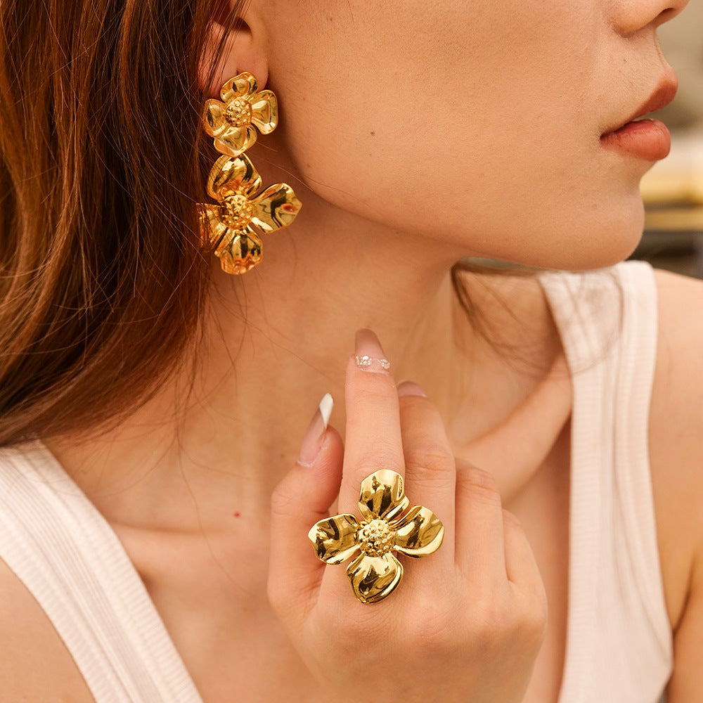 Close-up of 18K Gold Plated Floral Open Ring with intricate floral design