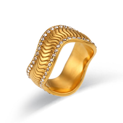 Stainless Steel 18k Plated Ring showcasing a wavy twill design and dual stone embellishments, radiating elegance and sophistication