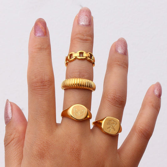 Gold plated titanium steel peony flower ring women’s jewelry