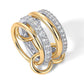 Three interlocking gold and silver rings with diamond accents on a white background