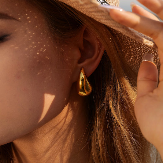 Chunky stainless steel waterdrop hollow hoop earrings gold finish