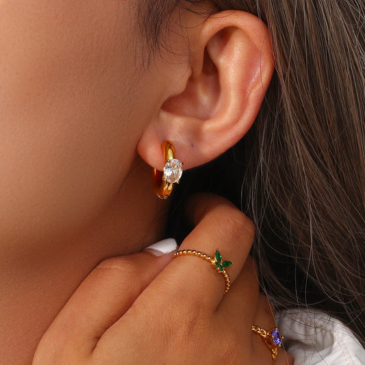 Thick oval zircon earrings 18K gold plated stainless steel jewelry