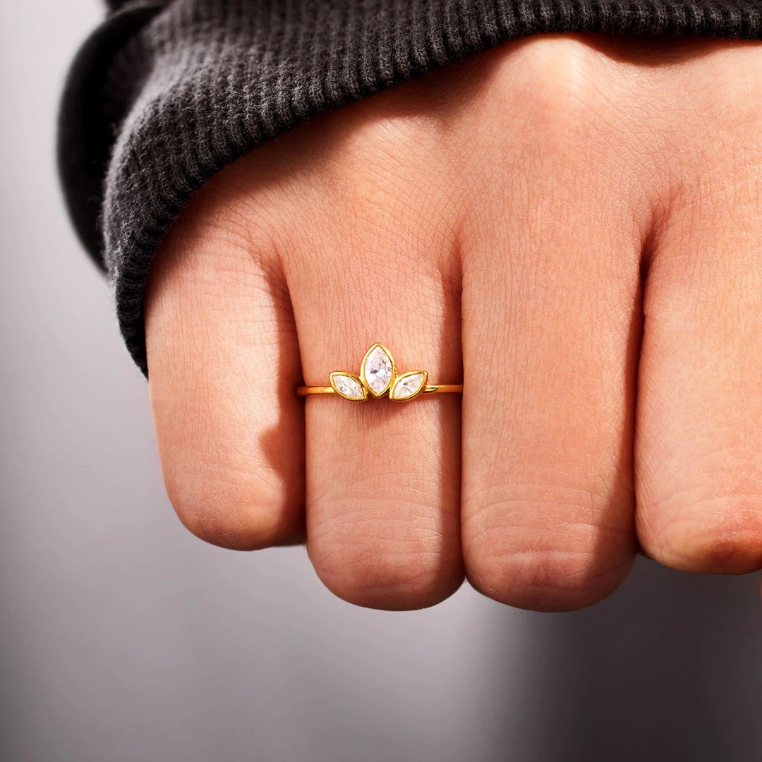 Delicate Triple Leaf Ring in 18K Gold worn on a finger - Pura Joia