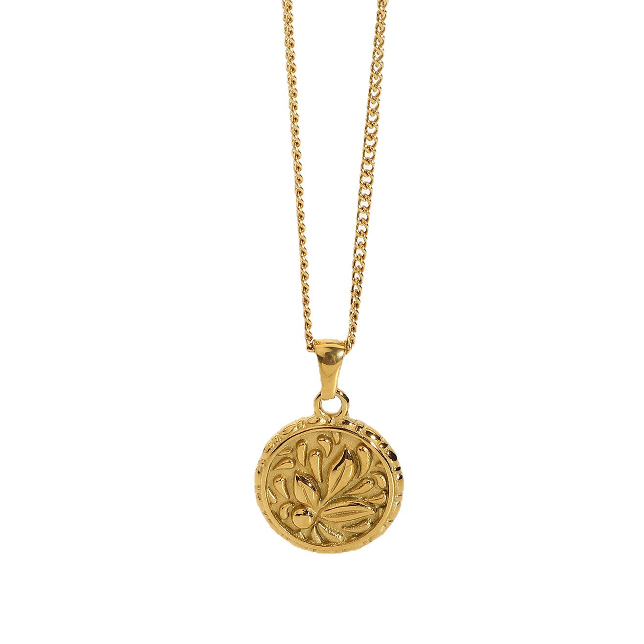 18K Gold Plated 316L Stainless Steel Flower Coin Pendant Necklace