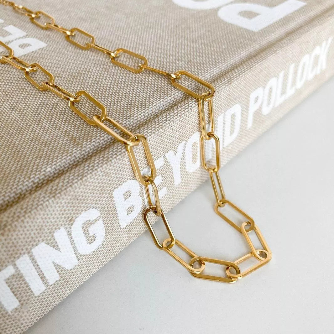 Gold Paperclip Link Necklace - Stainless Steel and 18K Gold Plated